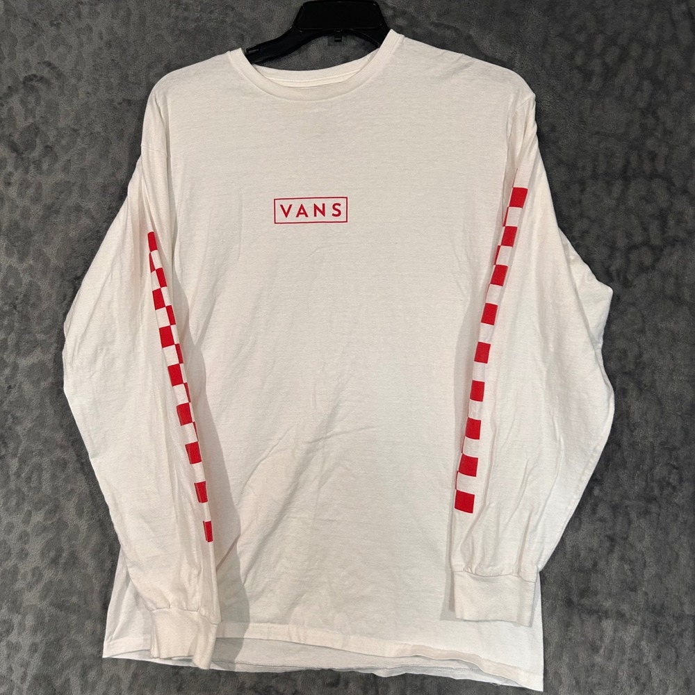 Vans Mens Long Sleeve Graphic Tee White Red Box Logo Checkerboard Sleeve Large